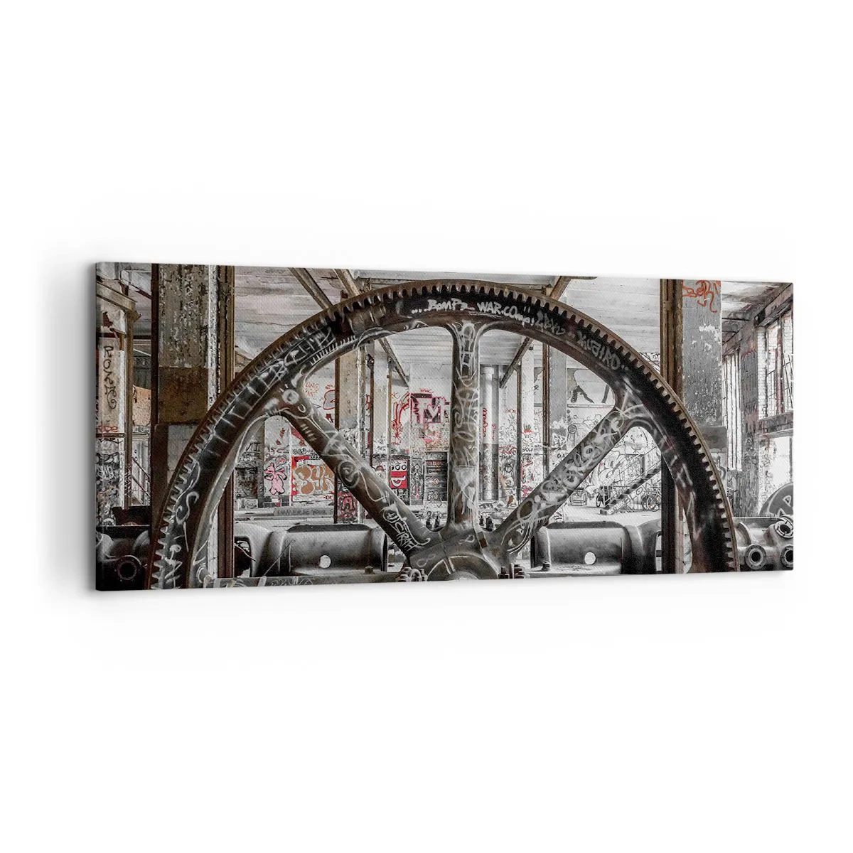 Impression sur toile - Image sur toile - Un vieux mécanisme dans un intérieur industriel abandonné - 120x50cm - Vie secrète d'une usine - Décoration murale moderne pour le salon et la chambre ARTTOR