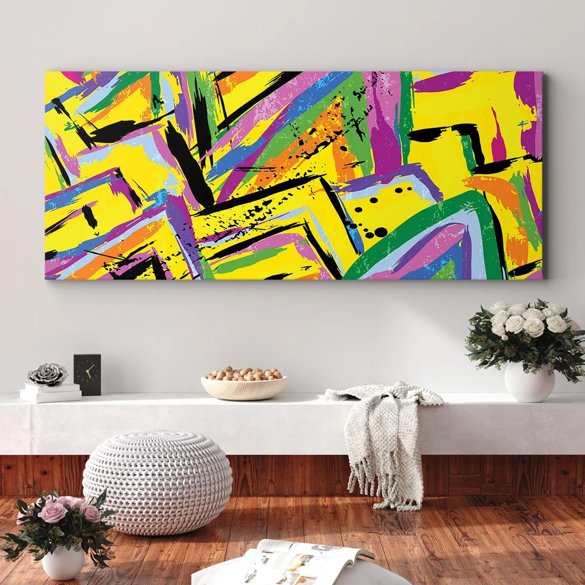 Impression sur toile - Image sur toile - Abstraction vivante aux couleurs vives et aux formes dynamiques - 120x50cm - Jusqu'à ce qu'il crie de joie - Décoration murale moderne pour le salon et la chambre ARTTOR