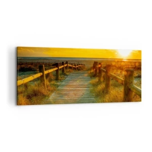 Impression sur toile - Image sur toile - Un chemin en bois menant à la plage à la lueur du soleil couchant - 120x50cm - Baigné dans le vieil or - Décoration murale moderne pour le salon et la chambre ARTTOR