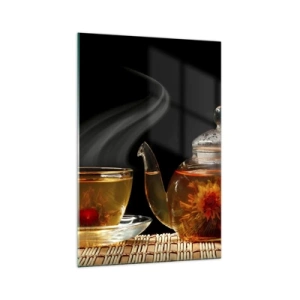 Impression sur verre - Image sur verre - Théière en verre avec thé aux fleurs et une tasse - 70x100cm - La magie et l'art de l'infusion du thé - Décoration murale moderne pour le salon et la chambre ARTTOR