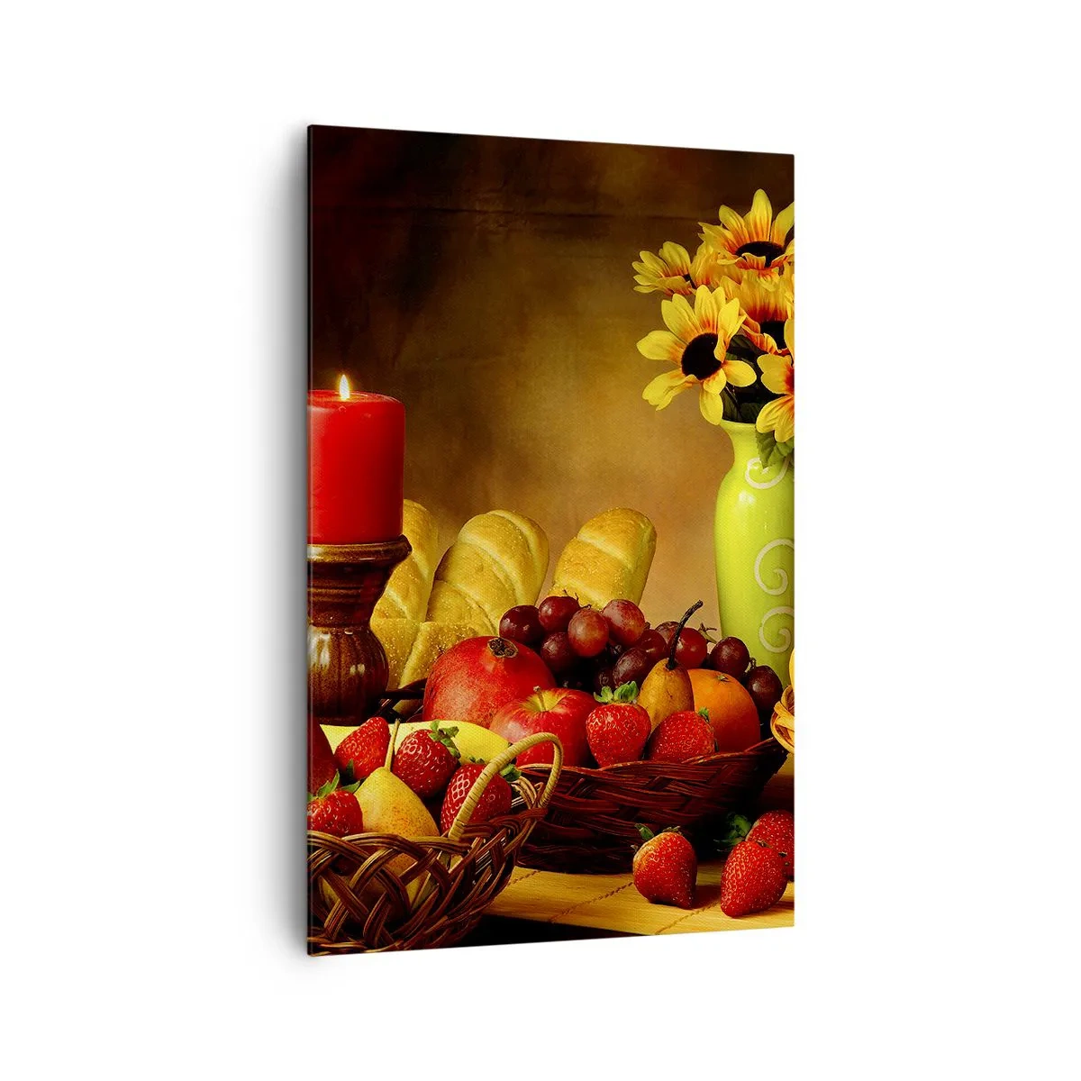 Impression sur toile - Image sur toile - Nature morte avec fruits, pain, bougie et fleurs - 80x120cm - Nature morte de pain et de fruits - Décoration murale moderne pour le salon et la chambre ARTTOR