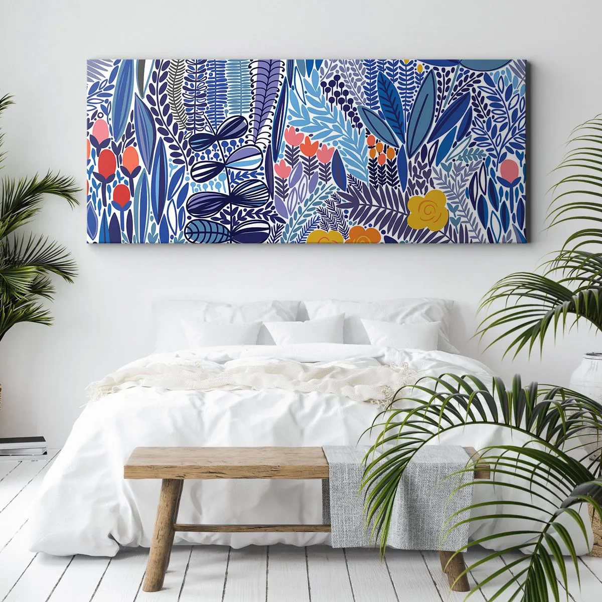 Impression sur toile - Image sur toile - Un motif végétal coloré dans un style graphique moderne - 120x50cm - Jardin hawaïen - Décoration murale moderne pour le salon et la chambre ARTTOR