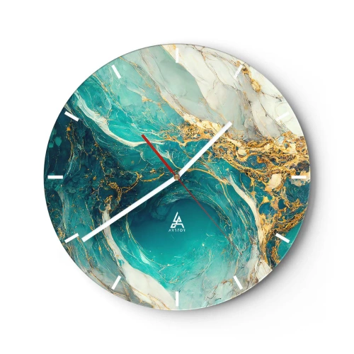 Horloge murale - Pendule murale - Abstrait turquoise avec motif doré tourbillonnant - 30x30cm - Composition en veines d'or - Décoration murale moderne pour le salon, la cuisine et la chambre ARTTOR