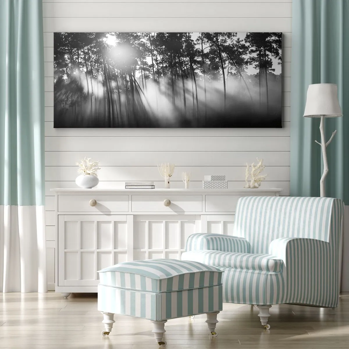 Impression sur toile - Image sur toile - Forêt noire et blanche dans le brouillard du matin - 160x50cm - Soleil inarrêtable - Décoration murale moderne pour le salon et la chambre ARTTOR