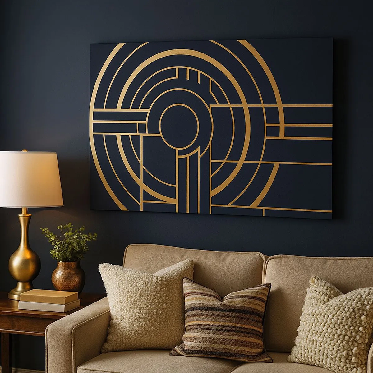 Impression sur toile - Image sur toile - Motif géométrique avec des lignes dorées - 70x50cm - Rotation des éléments - Décoration murale moderne pour le salon et la chambre ARTTOR