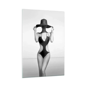 Impression sur verre - Image sur verre - Silhouette noire et blanche d'une femme portant un chapeau sur fond de mer - 70x100cm - Mon prénom? Élégance - Décoration murale moderne pour le salon et la chambre ARTTOR