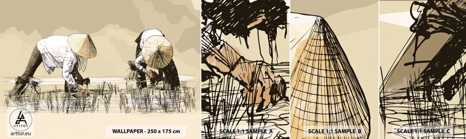 Échantillon de Papier Peint Autocollant Deluxe Sticker - Récolte réussie - Asie, Plantation de riz, Rizière - 100x30 cm