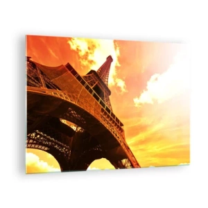 Impression sur verre - Image sur verre - La Tour Eiffel dans des tons chauds d'orange au coucher du soleil - 70x50cm - Monumental, car il est doré par le soleil - Décoration murale moderne pour le salon et la chambre ARTTOR