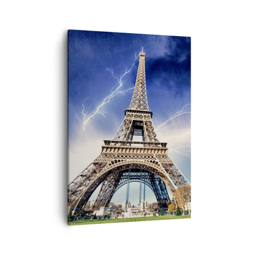 Impression sur toile - Image sur toile - La Tour Eiffel avec un ciel orageux et des éclairs en arrière-plan - 50x70cm - Maître des tempêtes - Décoration murale moderne pour le salon et la chambre ARTTOR
