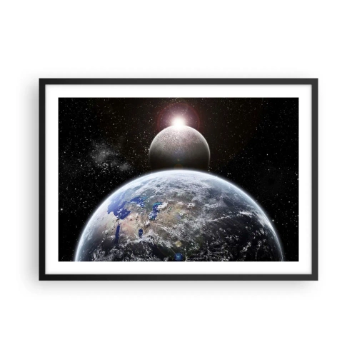 Affiche dans un cadre noir - Poster - La planète Terre et la Lune sur fond d'espace étoilé. - 70x50cm - Paysage cosmique - lever de soleil - Décoration murale moderne pour le salon et la chambre ARTTOR