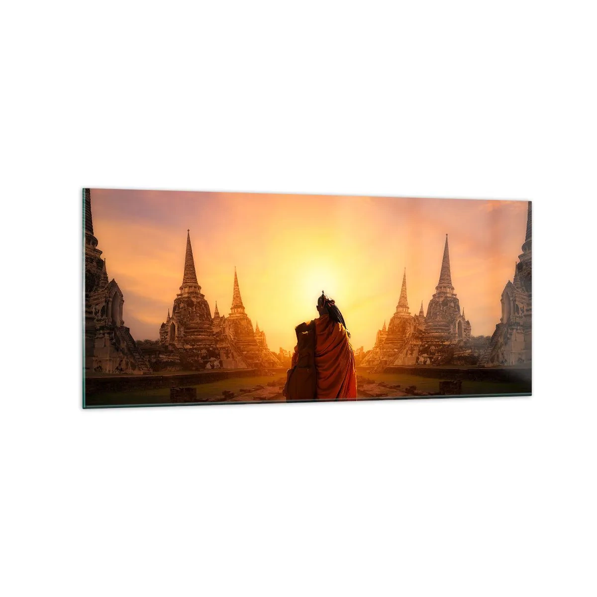 Impression sur verre - Image sur verre - Un moine parmi les temples au coucher du soleil - 120x50cm - En paix pour l'éternité - Décoration murale moderne pour le salon et la chambre ARTTOR