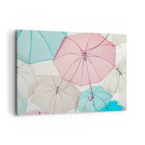 Impression sur toile - Image sur toile - Parapluies pastel contre un ciel lumineux - 120x80cm - Parfois le soleil, parfois la pluie - Décoration murale moderne pour le salon et la chambre ARTTOR