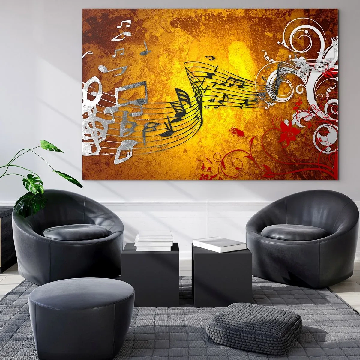 Impression sur verre - Image sur verre - Motifs musicaux sur fond d'ornements dorés - 120x80cm - Que la musique coule - Décoration murale moderne pour le salon et la chambre ARTTOR