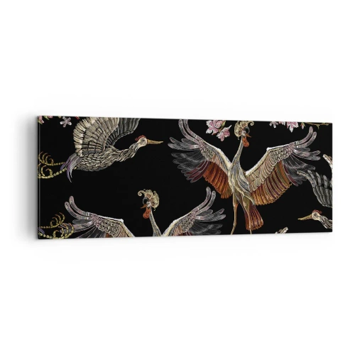 Impression sur toile - Image sur toile - Grues et fleurs élégantes sur fond noir - 140x50cm - Un oiseau de conte de fées - Décoration murale moderne pour le salon et la chambre ARTTOR