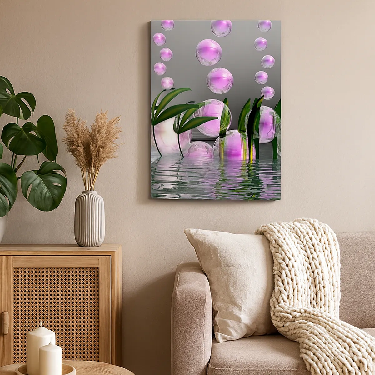 Impression sur toile - Image sur toile - Feuilles vertes et bulles roses au-dessus de l'eau sur fond gris - 50x70cm - Une composition réfléchissante de légèreté et de vie - Décoration murale moderne pour le salon et la chambre ARTTOR