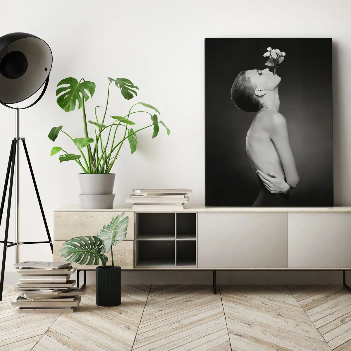 Impression sur toile - Image sur toile - Silhouette noire et blanche d'une femme avec une fleur - 50x70cm - Elégance excentrique - Décoration murale moderne pour le salon et la chambre ARTTOR