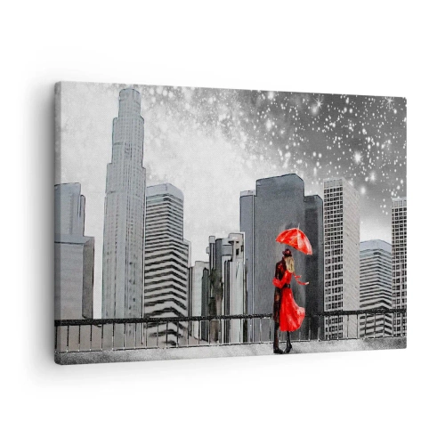 Impression sur toile - Image sur toile - Un couple en rouge avec un parapluie sur fond de paysage urbain - 70x50cm - L'homme n'est pas une pierre - Décoration murale moderne pour le salon et la chambre ARTTOR