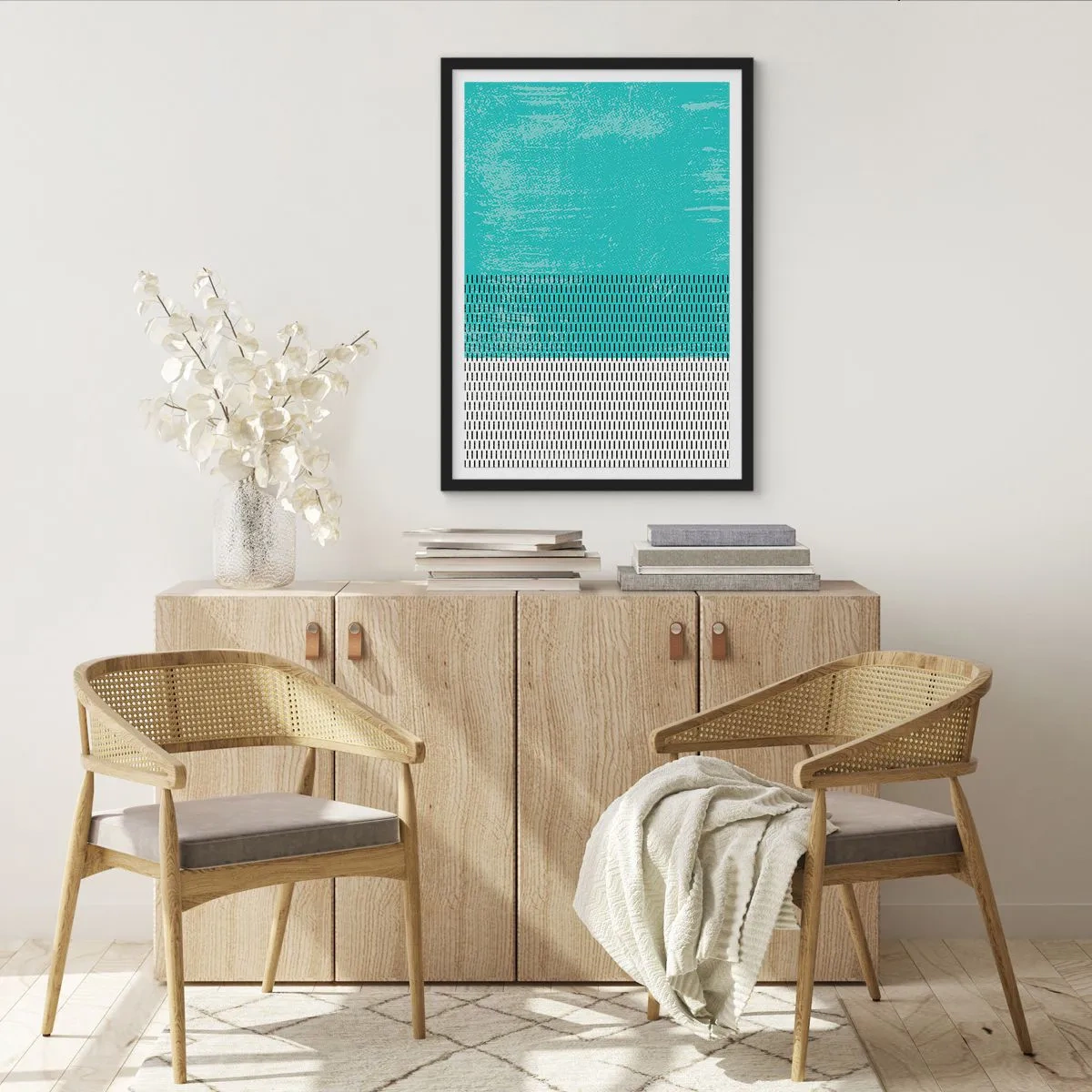 Affiche dans un cadre noir - Poster - Motif géométrique avec des éléments turquoise et blancs dans un style minimaliste - 50x70cm - Composition équilibrée - Décoration murale moderne pour le salon et la chambre ARTTOR