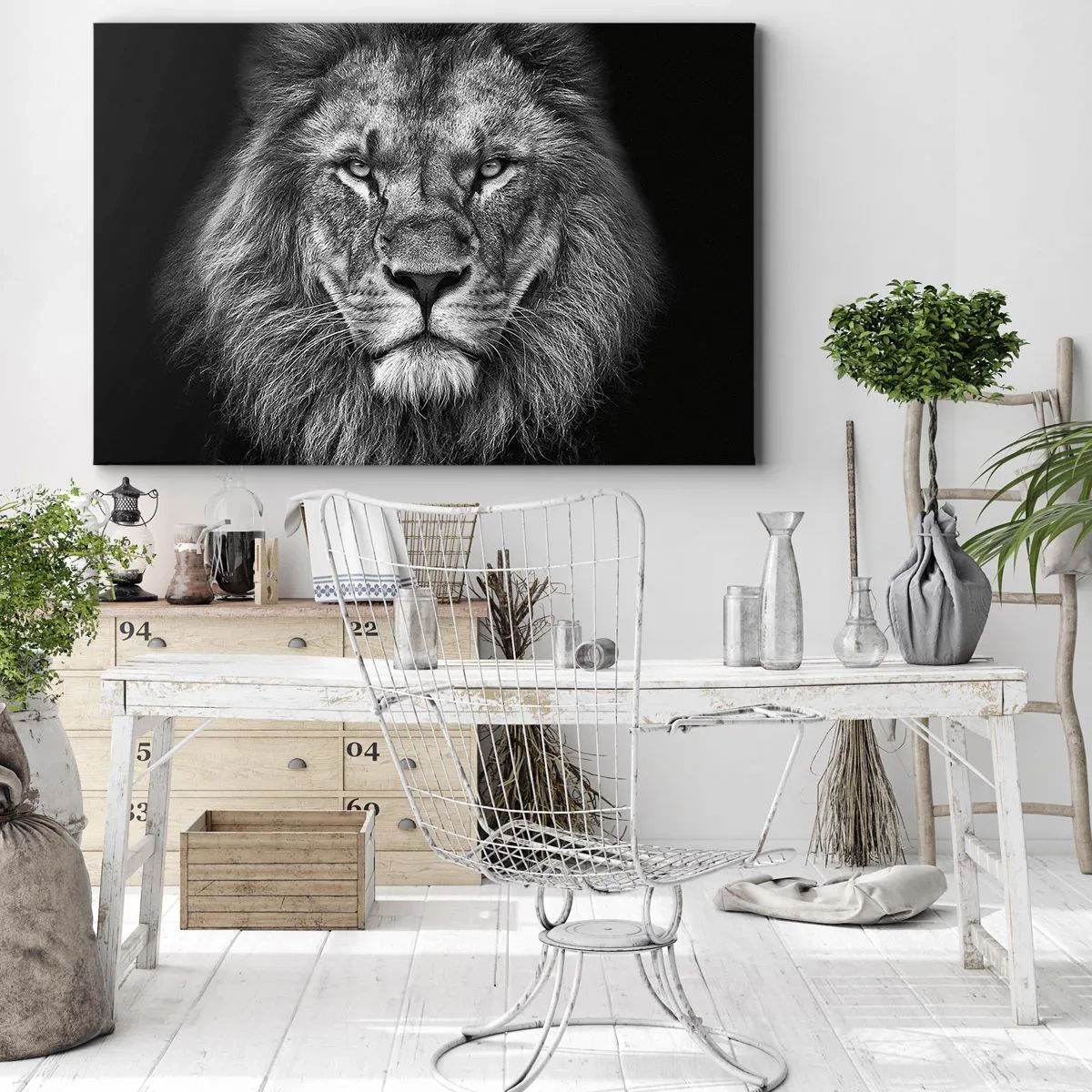 Impression sur toile - Image sur toile - Portrait d'un lion majestueux en noir et blanc - 120x80cm - En vêtement de sacre - Décoration murale moderne pour le salon et la chambre ARTTOR