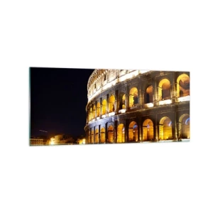 Impression sur verre - Image sur verre - Le Colisée illuminé par les lumières la nuit à Rome - 120x50cm - Il est temps de commencer les Jeux - Décoration murale moderne pour le salon et la chambre ARTTOR