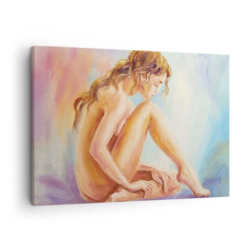 Impression sur toile - Image sur toile - Une délicate figure de femme sur un fond pastel - 70x50cm - Acte de jeunesse - Décoration murale moderne pour le salon et la chambre ARTTOR