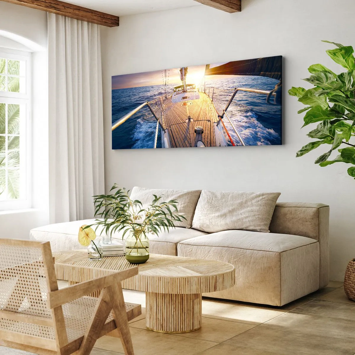 Impression sur toile - Image sur toile - Yacht en mer au coucher du soleil - 160x50cm - Courir sur les vagues - Décoration murale moderne pour le salon et la chambre ARTTOR