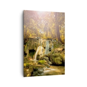 Impression sur toile - Image sur toile - Une cascade forestière sous les rayons du soleil, entourée de verdure - 70x100cm - Cascade de forêt en vert - Décoration murale moderne pour le salon et la chambre ARTTOR