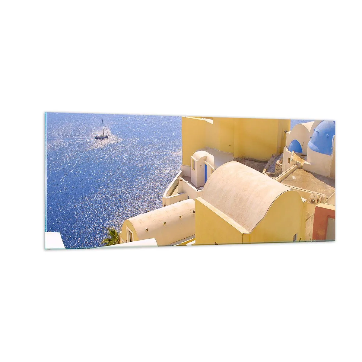 Impression sur verre - Image sur verre - Paysage grec en blanc et bleu ciel - 100x40 cm