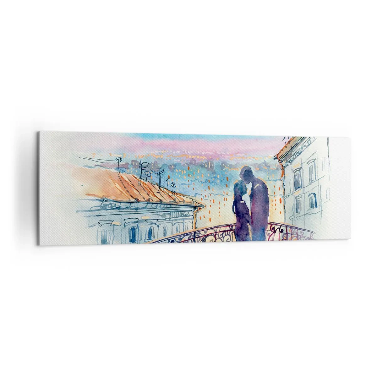 Impression sur toile - Image sur toile - Couple romantique sur un balcon avec vue sur la ville - 160x50cm - Amoureux de Paris - Décoration murale moderne pour le salon et la chambre ARTTOR