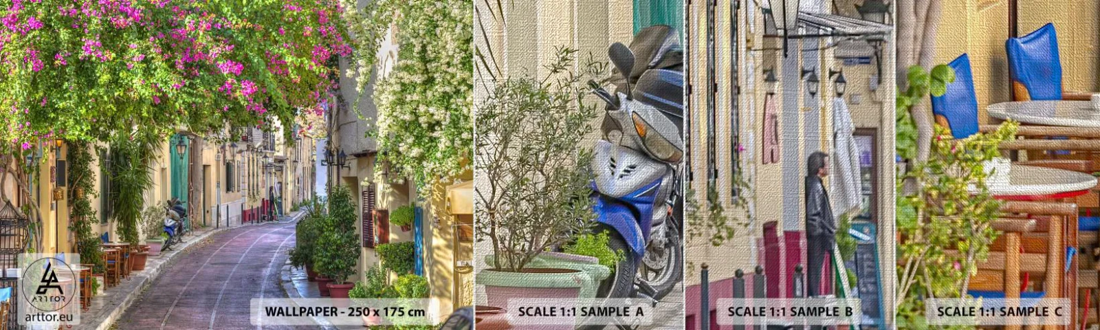 Échantillon de Papier Peint Premium Canvas - Allée fleurie - Architecture, Grèce, Ville - 100x30 cm
