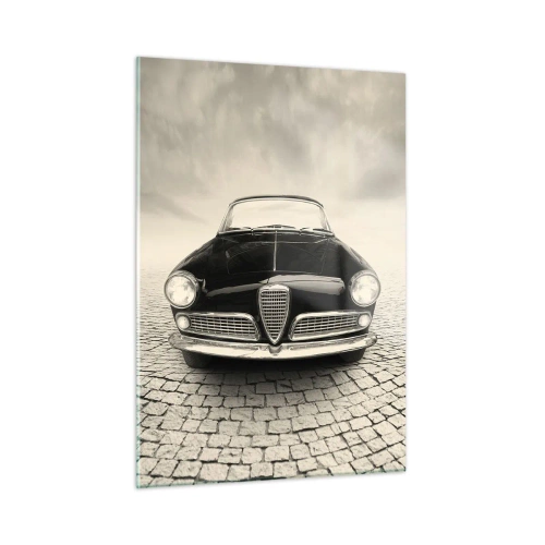 Impression sur verre - Image sur verre - Voiture classique sur une route pavée en noir et blanc - 50x70cm - Et alors! Tu ne m'aime pas? - Décoration murale moderne pour le salon et la chambre ARTTOR