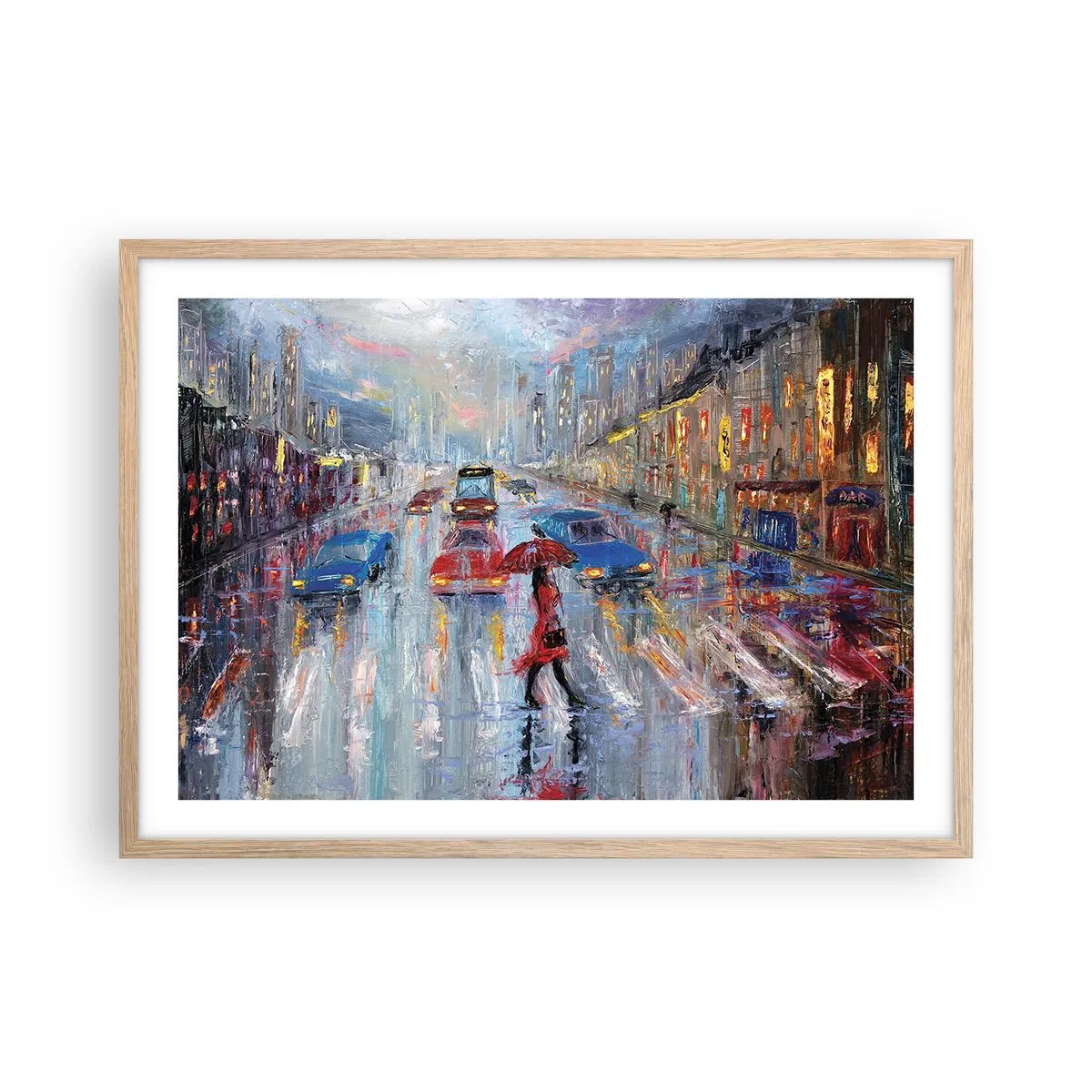 Affiche dans un chêne clair - Poster - Après-midi pluvieux en ville - 70x50 cm