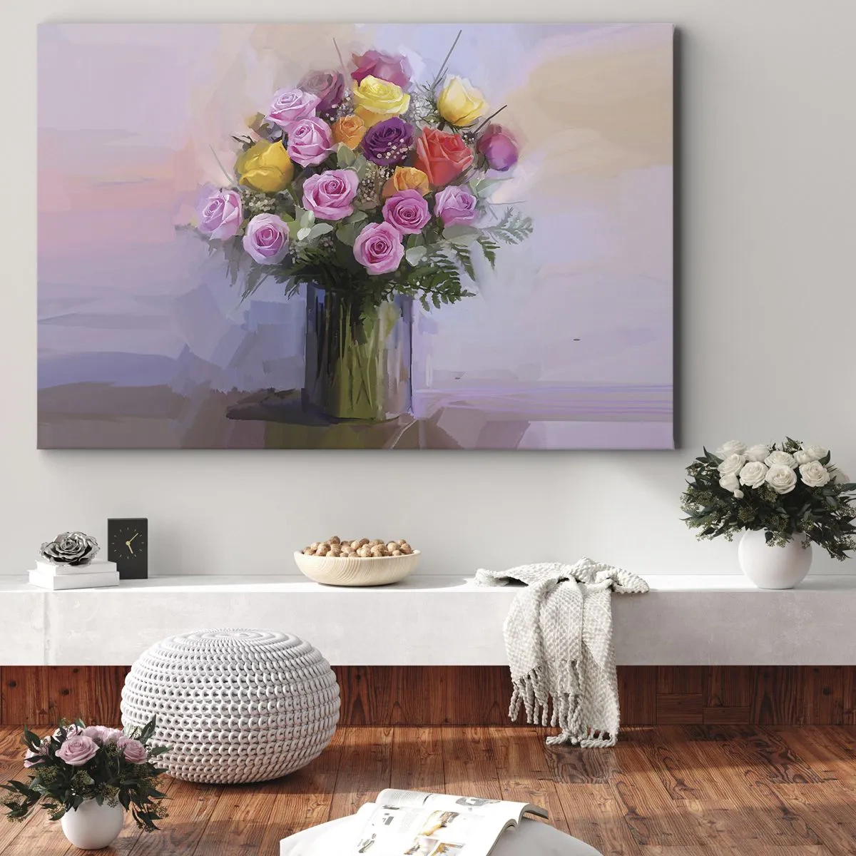 Impression sur toile - Image sur toile - Un bouquet de roses colorées dans un vase en verre - 120x80cm - Beauté conservée - Décoration murale moderne pour le salon et la chambre ARTTOR