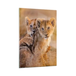 Impression sur verre - Image sur verre - Deux jeunes lionceaux dans un cadre naturel de savane - 50x70cm - Ne pas déranger! On s'amuse - Décoration murale moderne pour le salon et la chambre ARTTOR