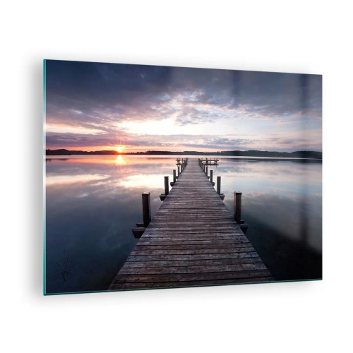 Impression sur verre - Image sur verre - Jetée en bois sur le lac au coucher du soleil - 70x50cm - Une frontière tranquille entre le jour et la nuit - Décoration murale moderne pour le salon et la chambre ARTTOR
