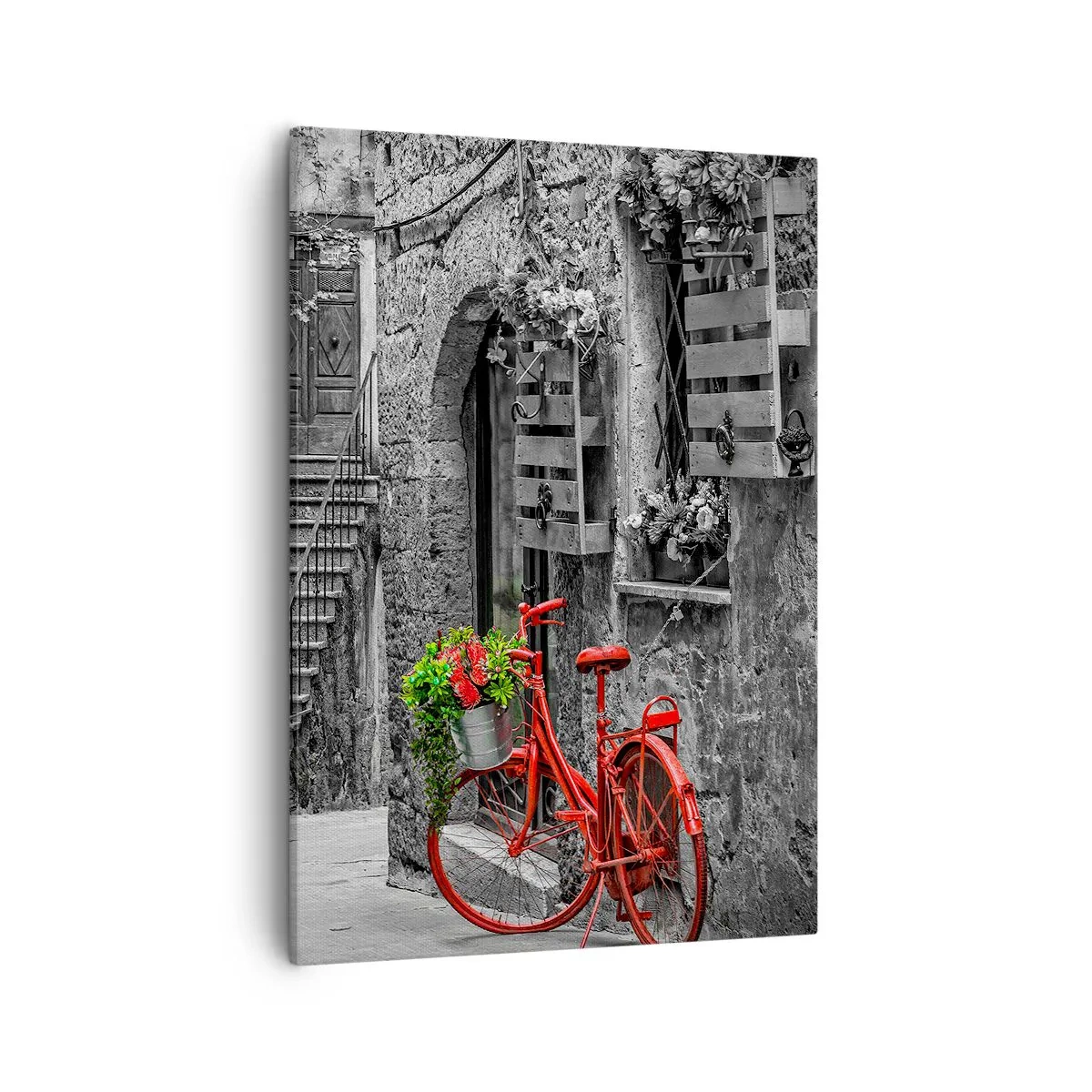 Impression sur toile - Image sur toile - Un vélo rouge dans une rue en noir et blanc - 50x70cm - Ruelle toscane - Décoration murale moderne pour le salon et la chambre ARTTOR