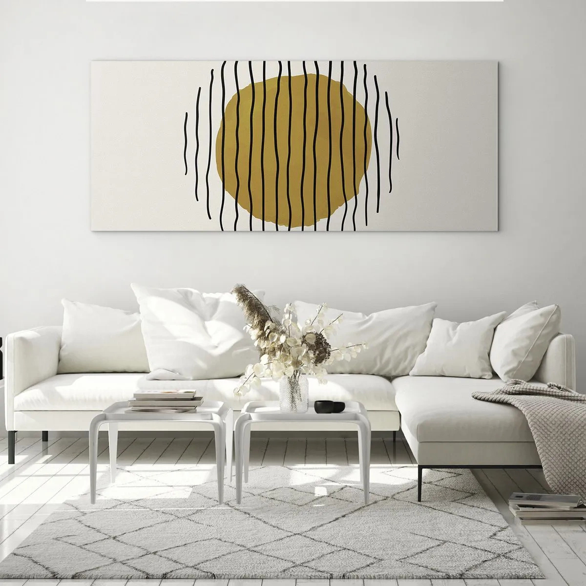 Impression sur verre - Image sur verre - Un motif minimaliste avec un cercle jaune et des lignes noires. - 140x50cm - Abstraction tremblante de chaleur - Décoration murale moderne pour le salon et la chambre ARTTOR