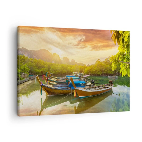 Impression sur toile - Image sur toile - Bateaux traditionnels sur une eau calme au coucher du soleil - 70x50cm - Avant une journée chargée - Décoration murale moderne pour le salon et la chambre ARTTOR