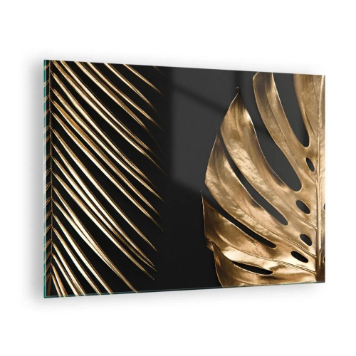 Impression sur verre - Image sur verre - Feuilles de palmier dorées et monsteras sur fond noir - 70x50cm - Différent et tout aussi cher - Décoration murale moderne pour le salon et la chambre ARTTOR
