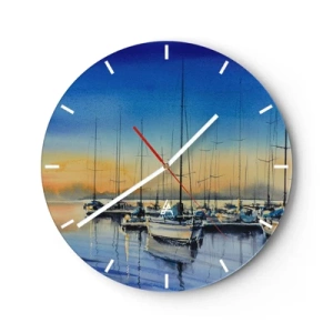 Horloge murale - Pendule murale - Voiliers sur l'eau au coucher du soleil dans un port tranquille - 30x30cm - Fin d'une belle journée - Décoration murale moderne pour le salon, la cuisine et la chambre ARTTOR