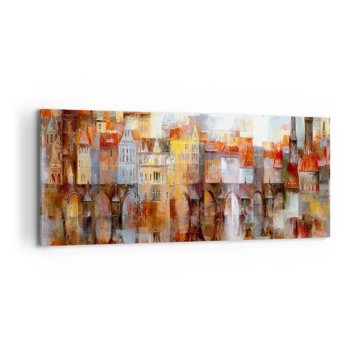Impression sur toile - Image sur toile - Un panorama pittoresque de la ville avec un pont aux couleurs d'automne - 120x50cm - C'est aussi beau sous le pont - Décoration murale moderne pour le salon et la chambre ARTTOR