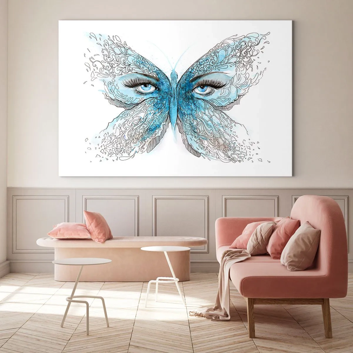 Impression sur verre - Image sur verre - Un papillon aux ailes bleues et aux yeux humains dans un style artistique. - 70x50cm - Mésange bleue Eros - Décoration murale moderne pour le salon et la chambre ARTTOR