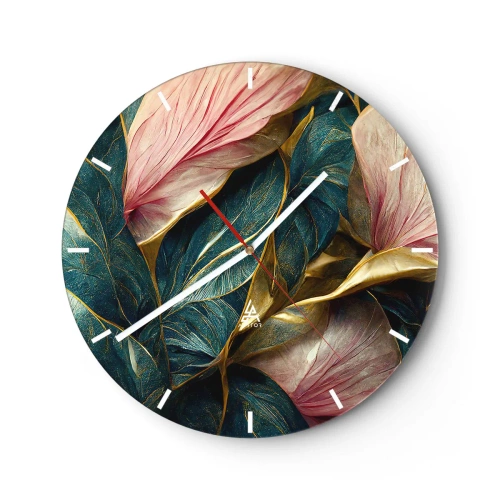 Horloge murale - Pendule murale - Feuilles aux tons verts, dorés et roses dans une forme élégante - 30x30cm - Élégance et style naturels - Décoration murale moderne pour le salon, la cuisine et la chambre ARTTOR