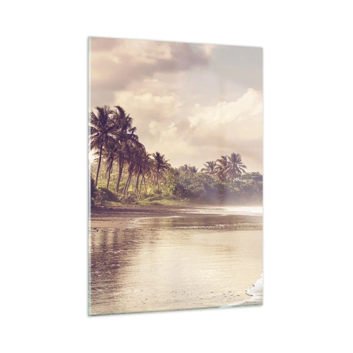 Impression sur verre - Image sur verre - Une plage dorée avec des palmiers et un océan calme dans la douce lumière - 50x70cm - La caresse des vagues - Décoration murale moderne pour le salon et la chambre ARTTOR