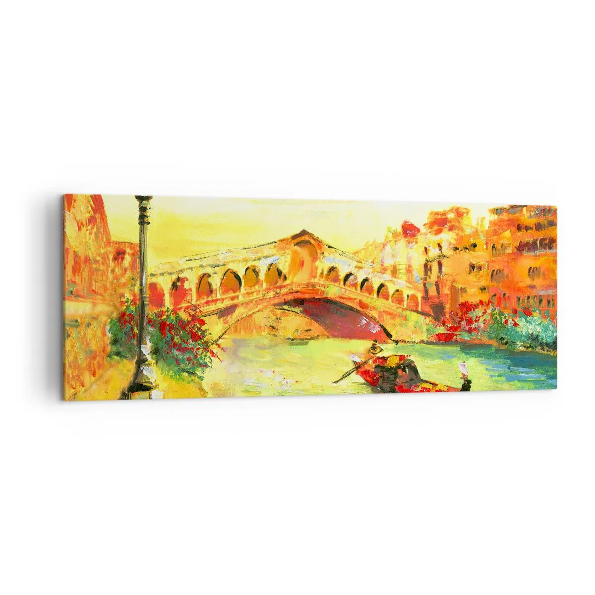 Impression sur toile - Image sur toile - Un pont pittoresque sur le canal avec une gondole à la lumière du soleil couchant - 140x50cm - Un pèlerinage d'amoureux - Décoration murale moderne pour le salon et la chambre ARTTOR