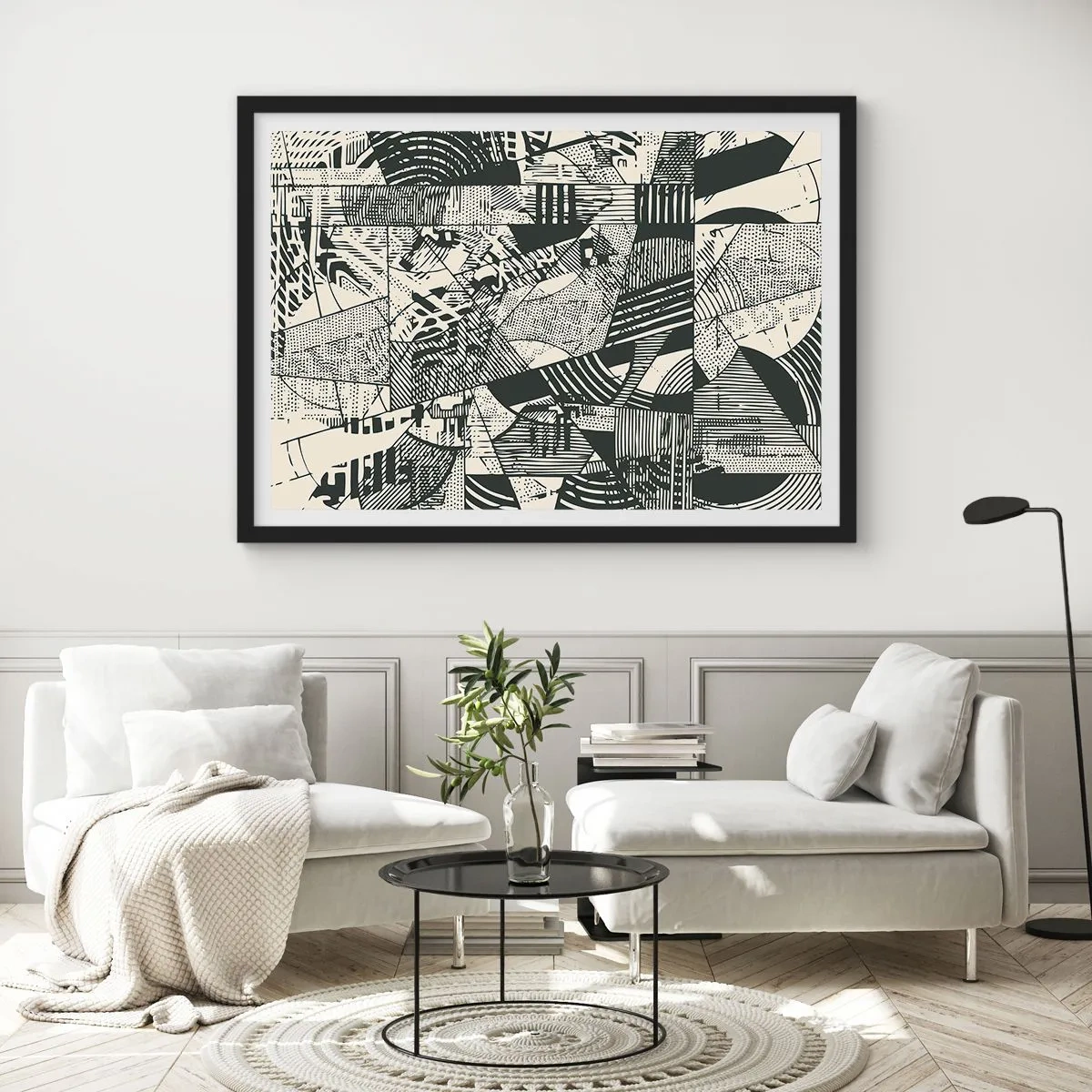 Affiche dans un cadre noir - Poster - Motifs géométriques abstraits dans des tons de vert sur fond clair - 100x70cm - Dynamique du modernisme - Décoration murale moderne pour le salon et la chambre ARTTOR