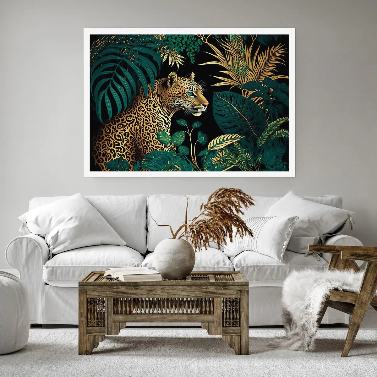 Affiche - Poster - Léopard dans des feuilles tropicales sur fond noir - 100x70cm - Un hôte dans la jungle - Décoration murale moderne pour le salon et la chambre ARTTOR