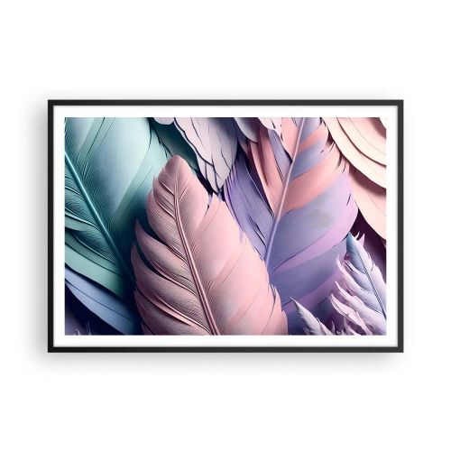 Affiche dans un cadre noir - Poster - Plumes colorées dans des tons pastel sur un fond clair - 100x70cm - Oiseau chic - Décoration murale moderne pour le salon et la chambre ARTTOR