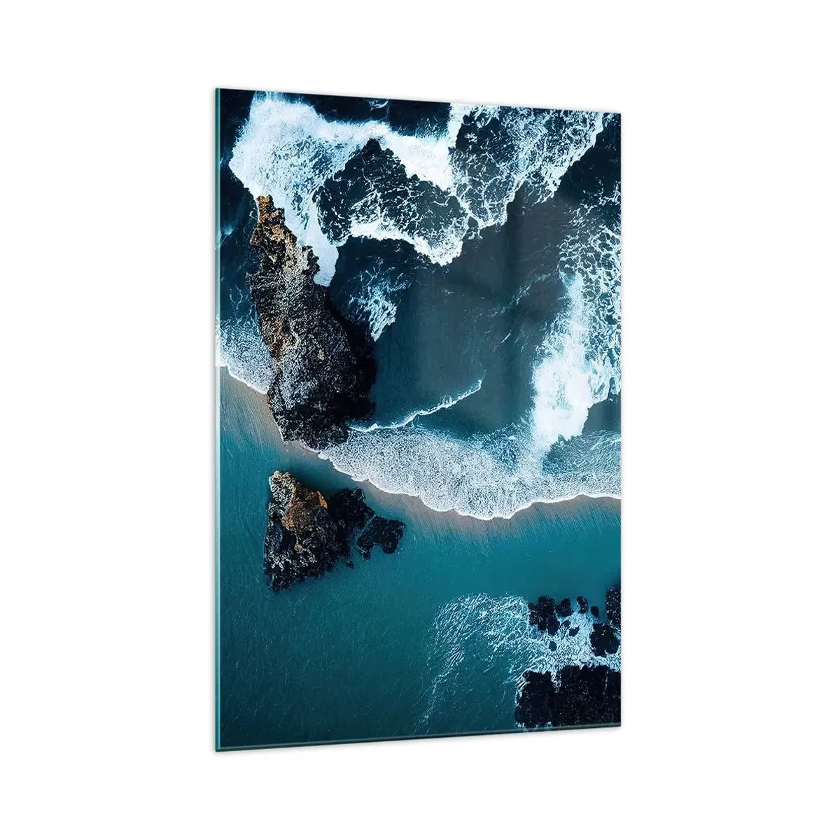 Impression sur verre - Image sur verre - Vue aérienne des vagues s'écrasant sur le rivage - 70x100cm - Enveloppé par les vagues - Décoration murale moderne pour le salon et la chambre ARTTOR