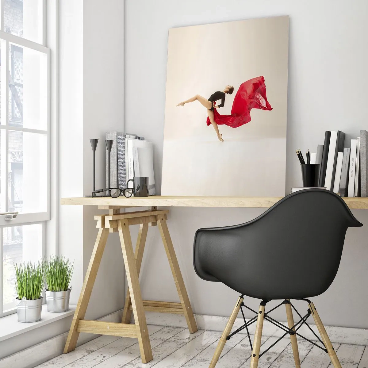 Impression sur verre - Image sur verre - Une danseuse dynamique en tenue noire et tissu rouge en mouvement. - 80x120cm - Rouge et noir - Décoration murale moderne pour le salon et la chambre ARTTOR